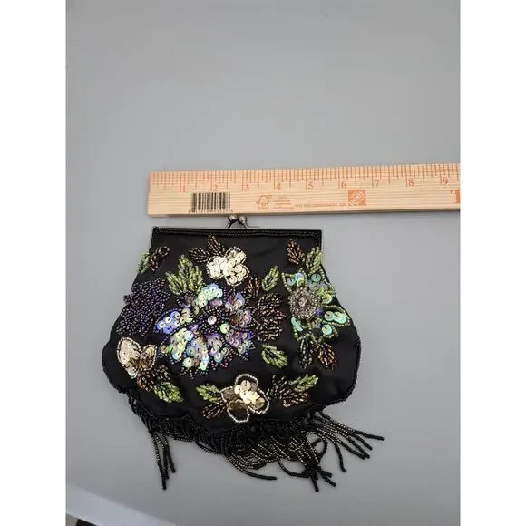 Black Sequin Bead Embellished Evening Bag Crossbody Purse Kiss Clasp 1 Pocket - Picture 5 of 6
